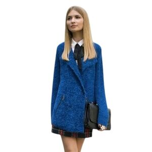 ​Alpaca Golden 100% Baby Alpaca Blue Bouclé Knit Cardigan Mock Pocket Sweater L